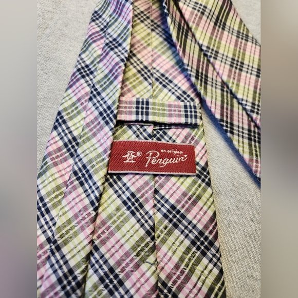 Original Penguin Tie Skinny Necktie Pink Green Plaid Easter - Picture 4 of 5